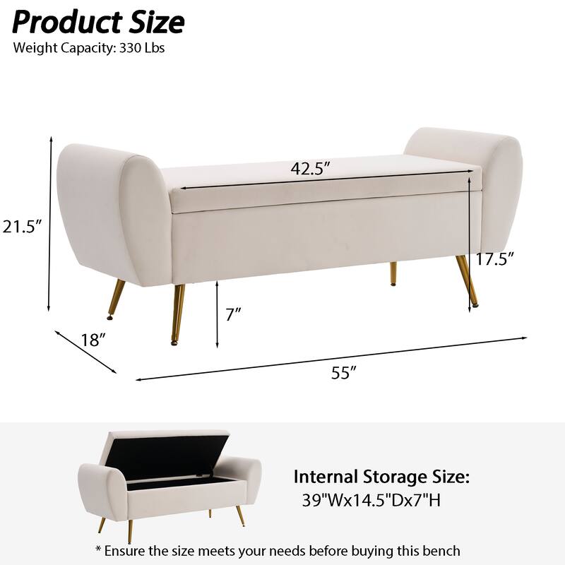 Upholstered 55"W Flip Top Storage Bench Bedroom Bench Modern End of Bed Bench for Entryway Hallway Window with Gold Legs