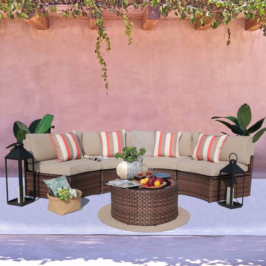Cushioned Wicker Half-moon 5-piece Outdoor Sectional Set