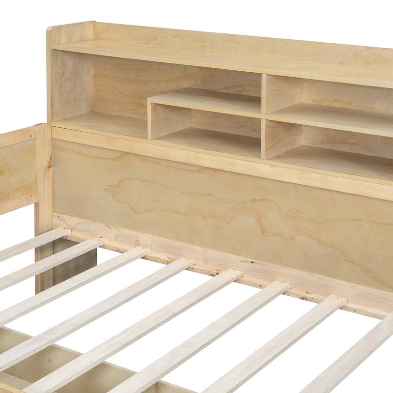 Wooden Twin Size Daybed with Storage Shelves, Multi-functional Bed with Two Storage Drawers and Study Desk