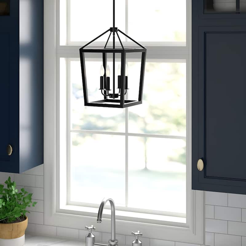 4 - Black Lantern Pendant Light, 4 Lights Farmhouse Chandelier Fixture with Metal Cage, Adjustable Height - Black