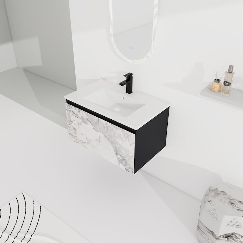 Modern 30'' Wall-Mounted Vanity with Ceramic Sink & Triple Soft-Close Cabinet Doors