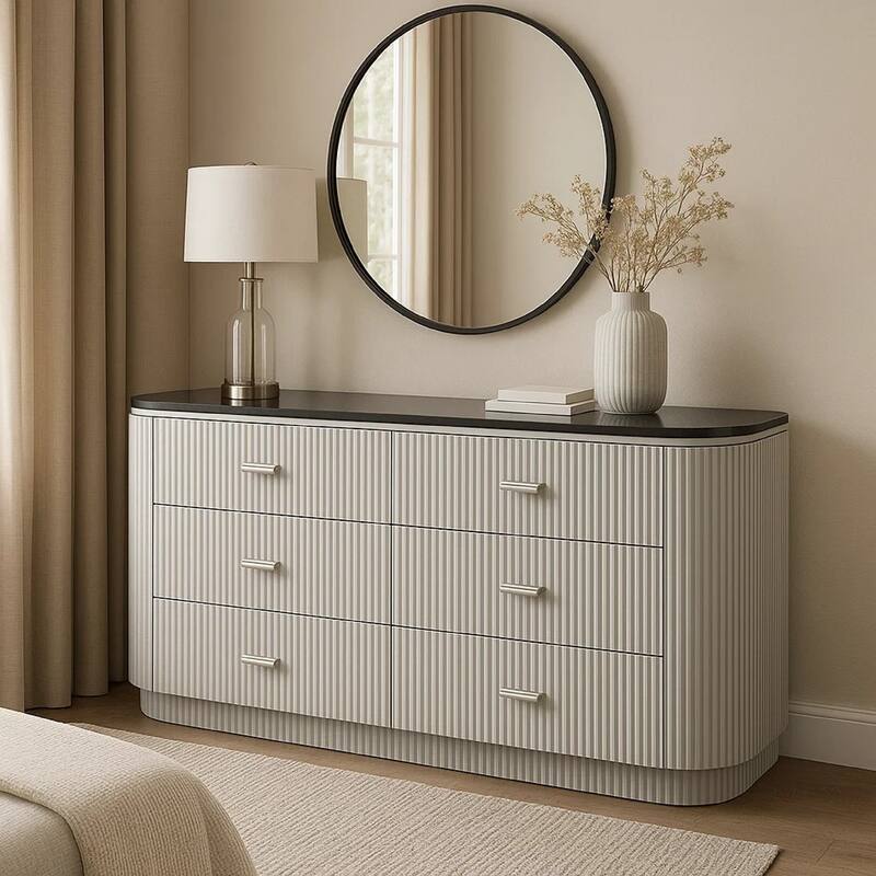 Alda 6 Drawer Wide Dresser, Light Gray Solid Wood with Cultured Stone Top