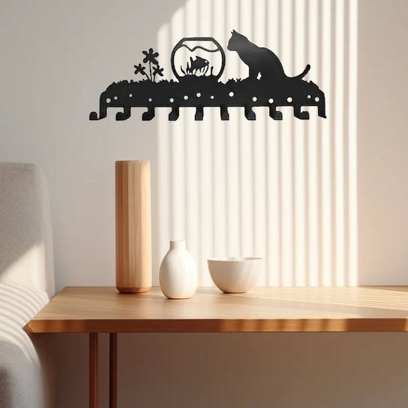 Adorable Kitty Black Iron Wall Mounted Rack with 10 Hooks for Entryway or Bedroom - 13.78”L x 5.51”H