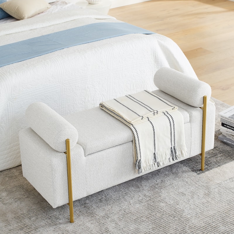 Linen Upholstered Storage Bench with Cylindrical Arms and Iron Legs