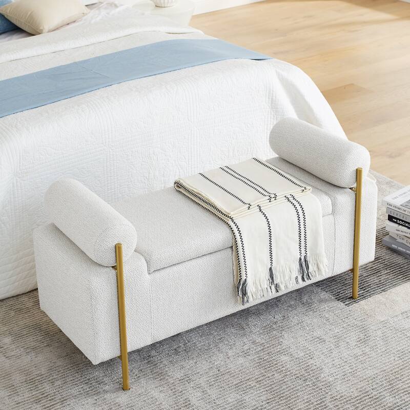 Upholstered Linen Storage Bench with Cylindrical Arms and Gold Metal Legs