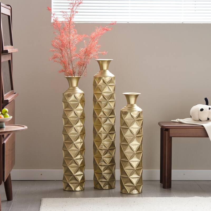 Metal decorative vase High Distress Metal center vase with 3D triangle pattern, set of 3 vases for home decoration