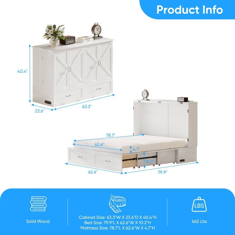 Mixoy Modern Queen Size Murphy Bed with 4.7''Mattress,USB ports,Storage Drawers