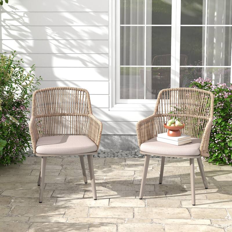 Outdoor 2-piece Dining PE Wicker Arm Chair with Cushion - Begie