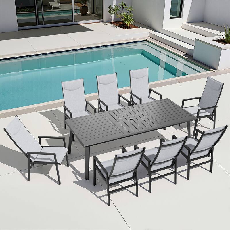 9-PC Outdoor Patio Aluminum Dining Sets Rectangular Table with Adjustable Dining Chairs
