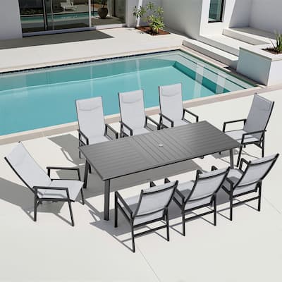 9-PC Outdoor Patio Aluminum Dining Sets Rectangular Table with Adjustable Dining Chairs