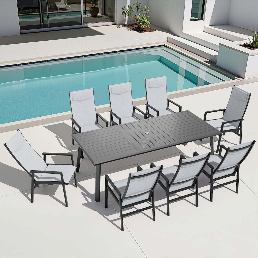 9-PC Outdoor Patio Aluminum Dining Sets Rectangular Table with Adjustable Dining Chairs