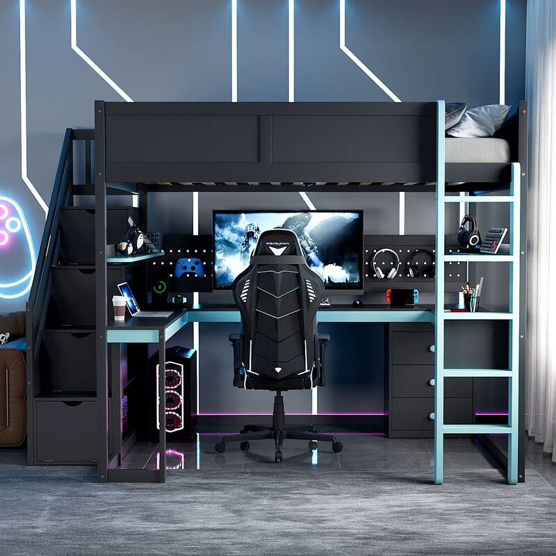 Gaming Loft Bed with Recessed Table Cabinet Pegboard Storage Stairs