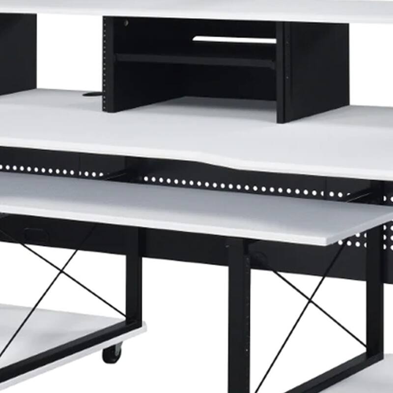 72 Inch Music Desk Workstation, Crossed Metal Panels, Keyboard Tray, White