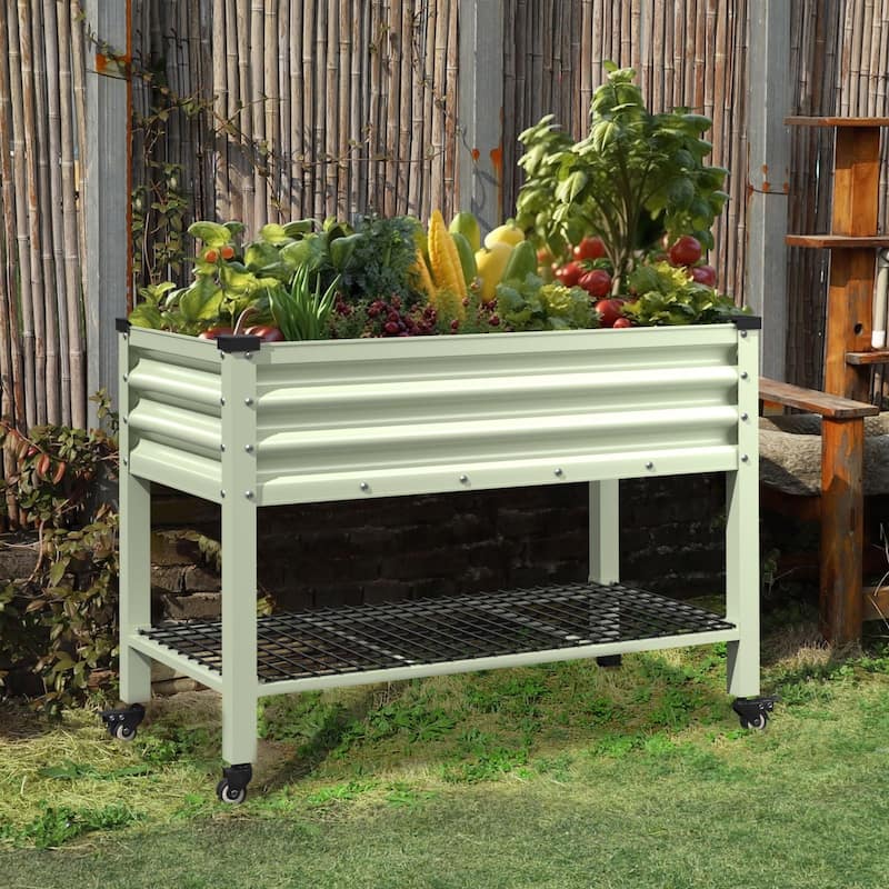 VEIKOUS 7.8 Cu.ft Galvanized Steel Raised Garden Bed, Large Outdoor Planter Box with Drainage Holes, Wheels - Off-white