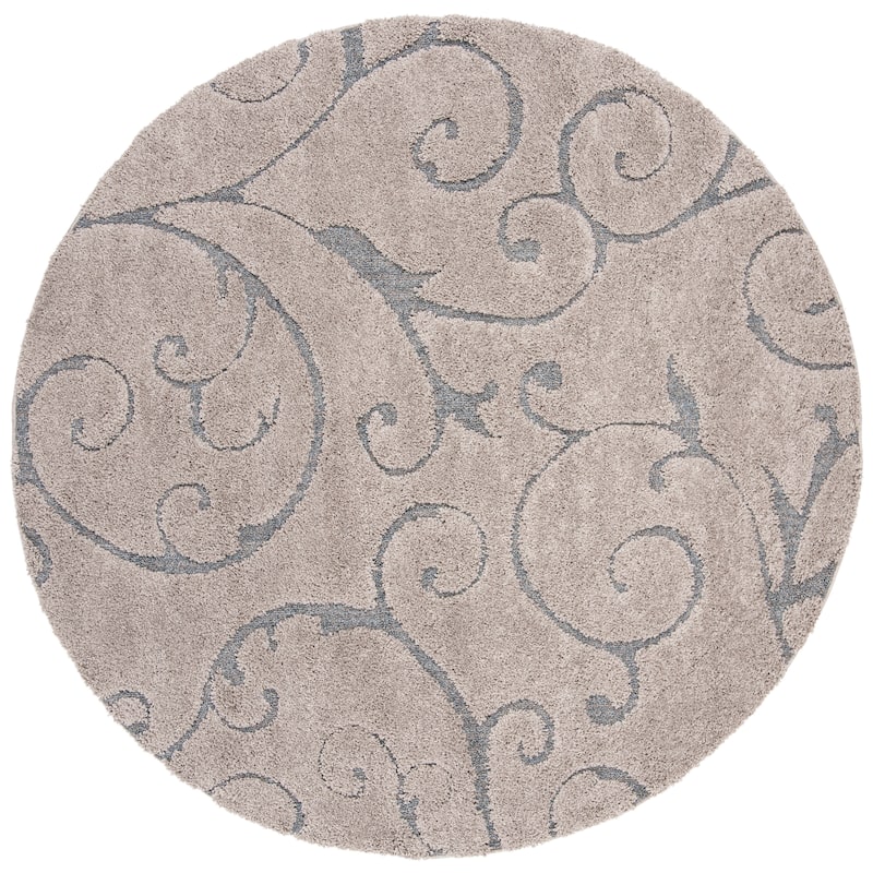 SAFAVIEH Florida Shag Shahin Scroll 1.2-inch Thick Textured Rug - 5' Round - Grey/Light Blue