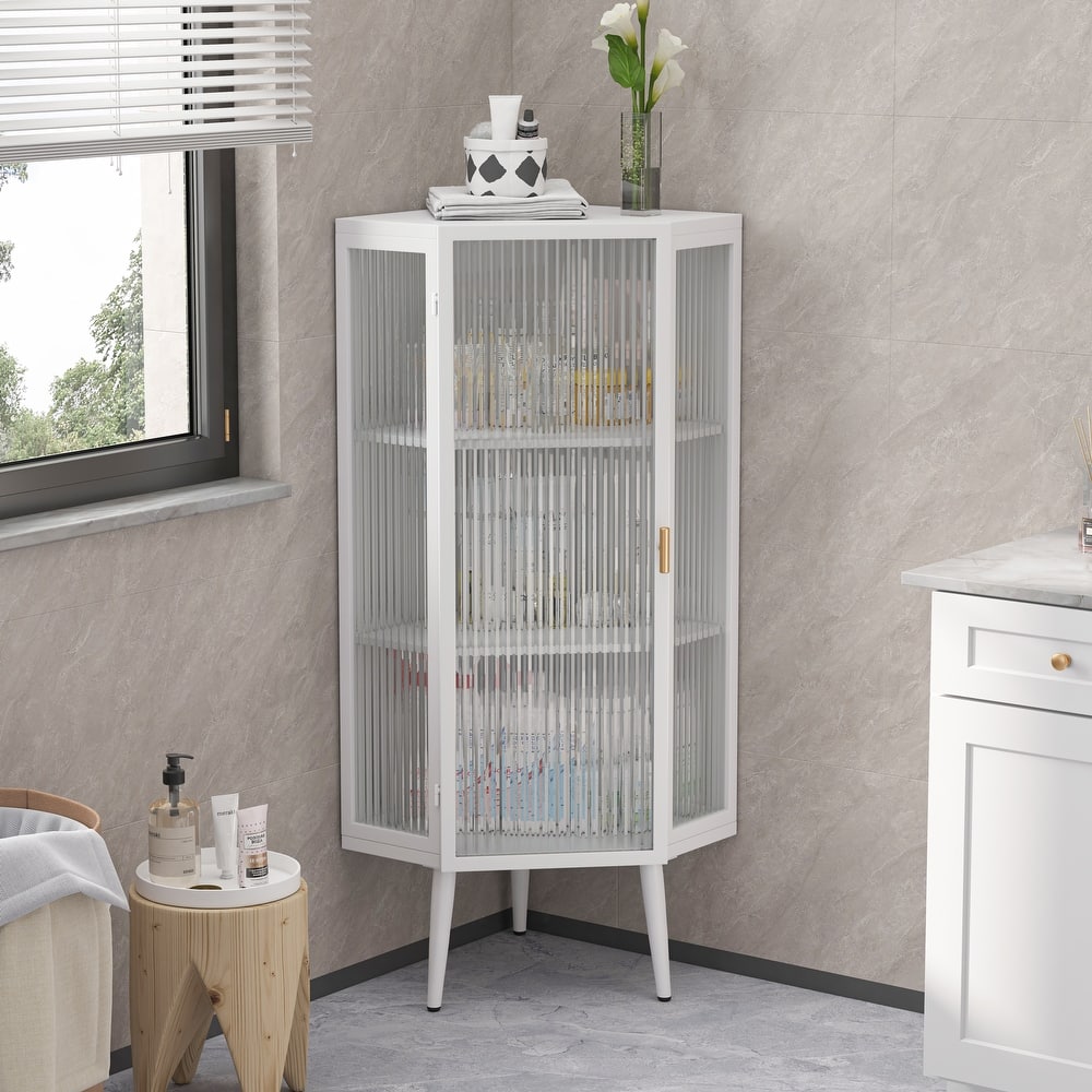 Floor Coner Cabinet, 3 Tiers with Tempered Glass Doors and Storage Shelves.
