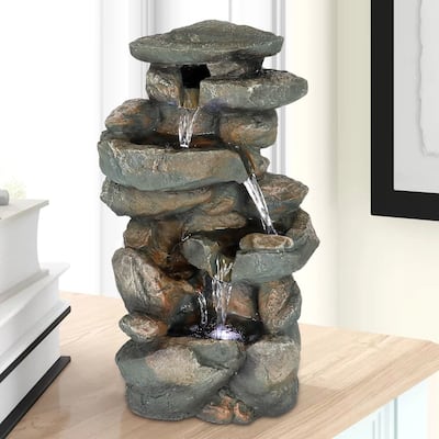5-Tier Rock Falls Cascading Tabletop Water Fountain with LED Lights - 16"H Indoor Relaxation Waterfall Feature for Home