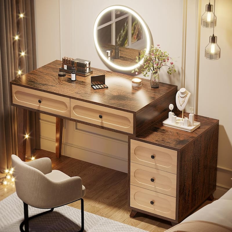 51-Inch Makeup Vanity Table with Reversible Drawer Cabinet for Women Girls - Brown