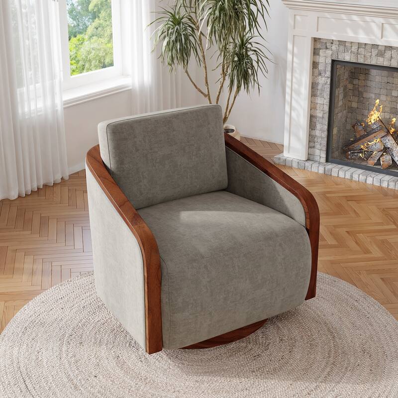 Upholstered Swivel Barrel Chair with Curved Wood Arms
