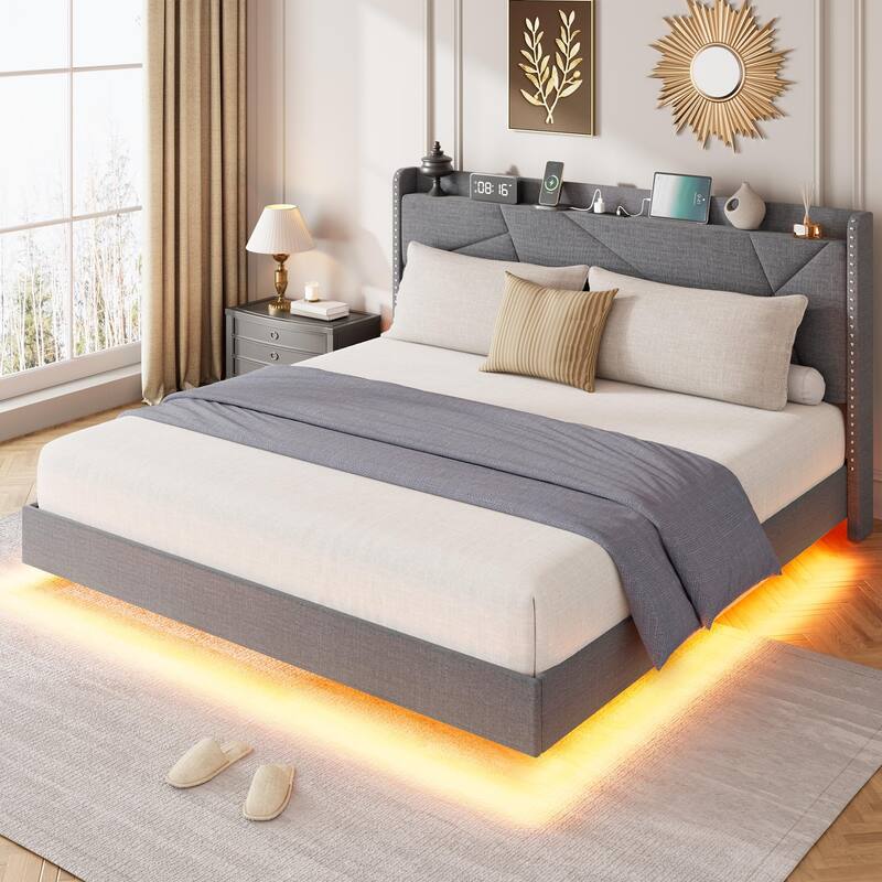 Full/Queen Floating Bed Frame with LED Lights & Charging Station, Upholstered Platform Beds with Storage Headboard - Gray - Full