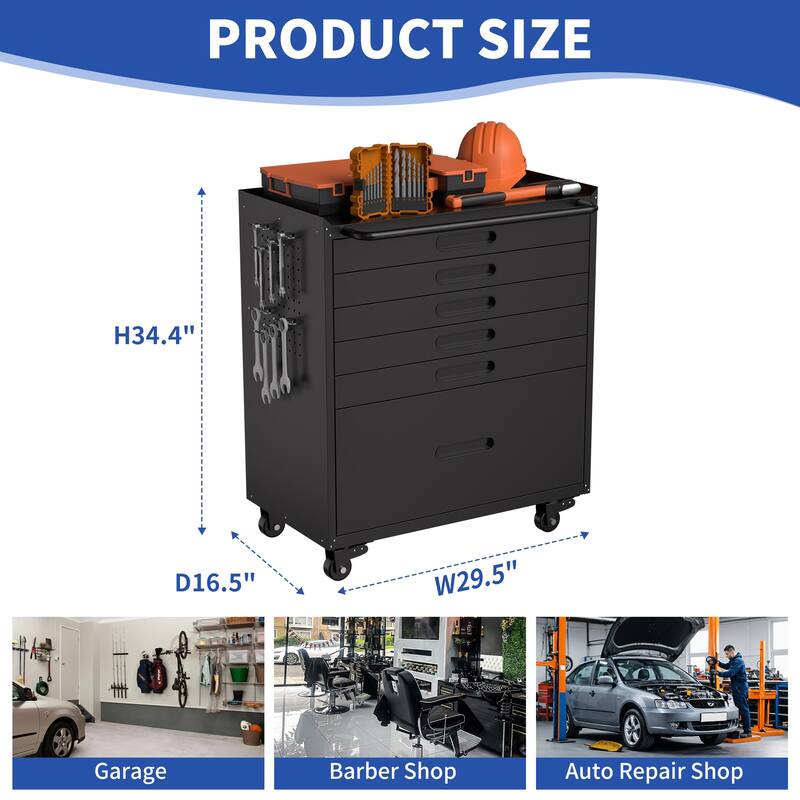 34.3" Rolling Tool Chest with 6 Drawers Mobile Garage Cabinet Organizer, All-Drawer Design for Small Parts & Tools