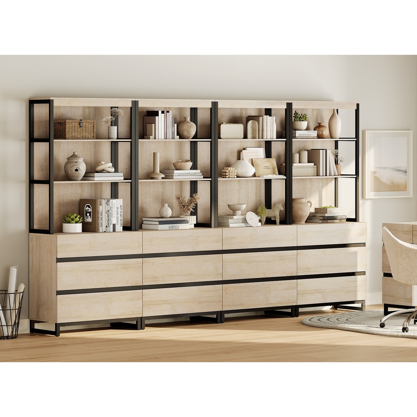 WAMPAT Modern 72" Tall Bookcase with Drawers and Open Book Shelfs, Library Book Shelf for Home Office, Living Room
