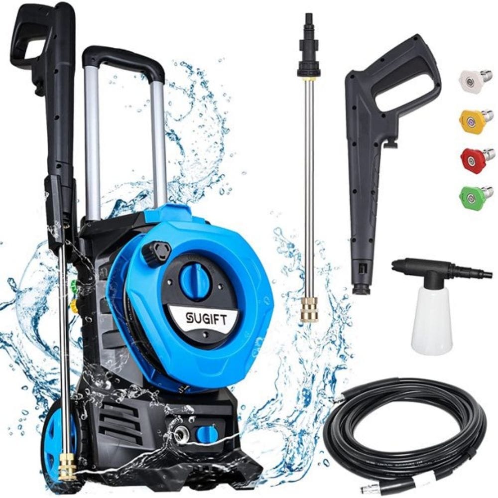 Compact Pressure Washer Portable High Power Car Cleaning Machine  w/Adjustable Nozzle, Spray Gun, Hose Reel, Soap Bottle, 1800PSI / 1.96GPM,  1500W (Green) 