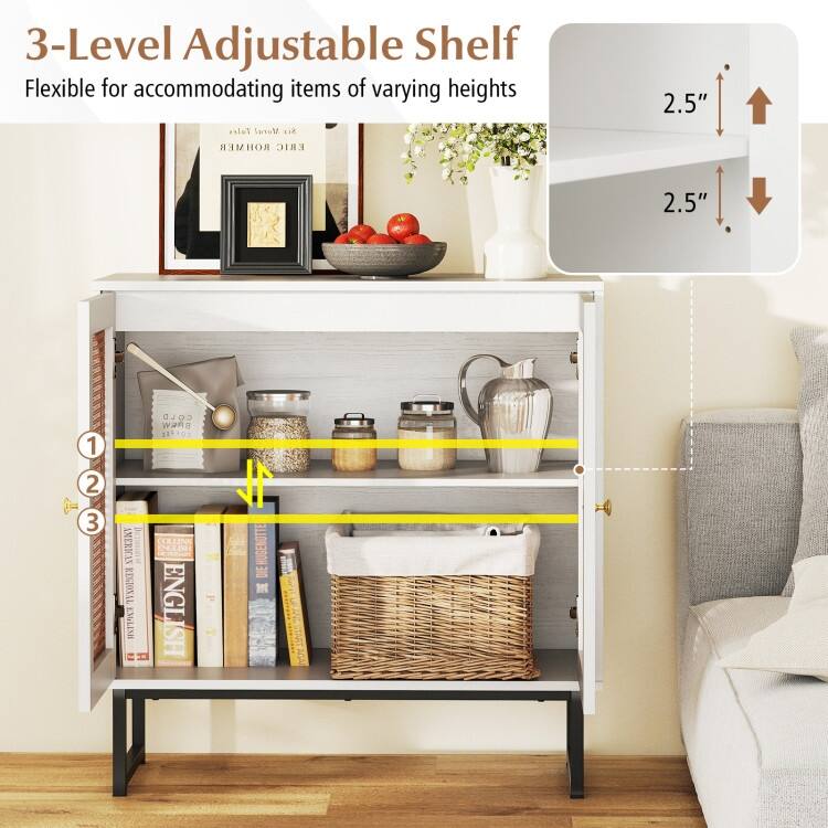 Engineered Wood Buffet Cabinet with PE Rattan Doors and Shelves - 31.5" x 16" x 32"