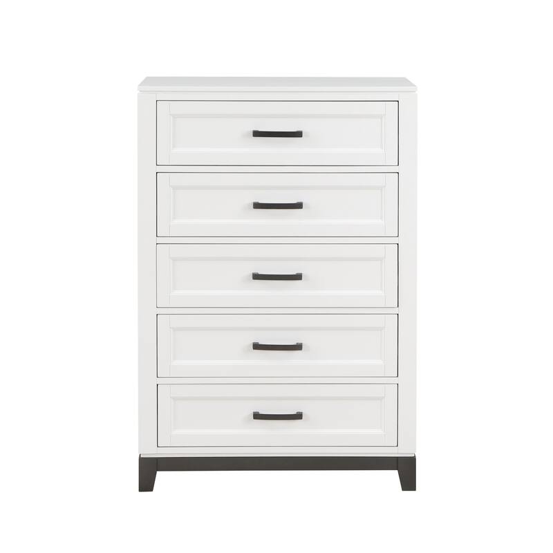 Thiem 51 Inch Tall Dresser Chest with 5 Drawers, Black Handles, White Wood