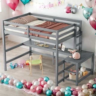 Full Size Loft Bed With Desk and Ladder Platform and Ladders and Guardrails