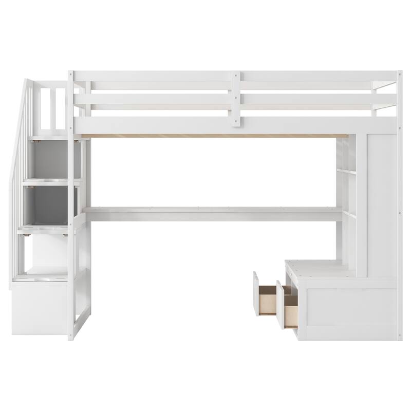 Full Size Loft Bed with Desk, Shelves, Drawers, and Storage Staircase in White
