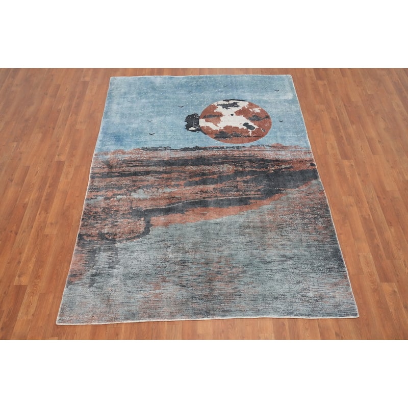 Hand Knotted Oriental Viscose Silk Carpet Modern Pictorial Navy Blue & Blues Abstract Area Rug - 7' 5'' X 5' 6''