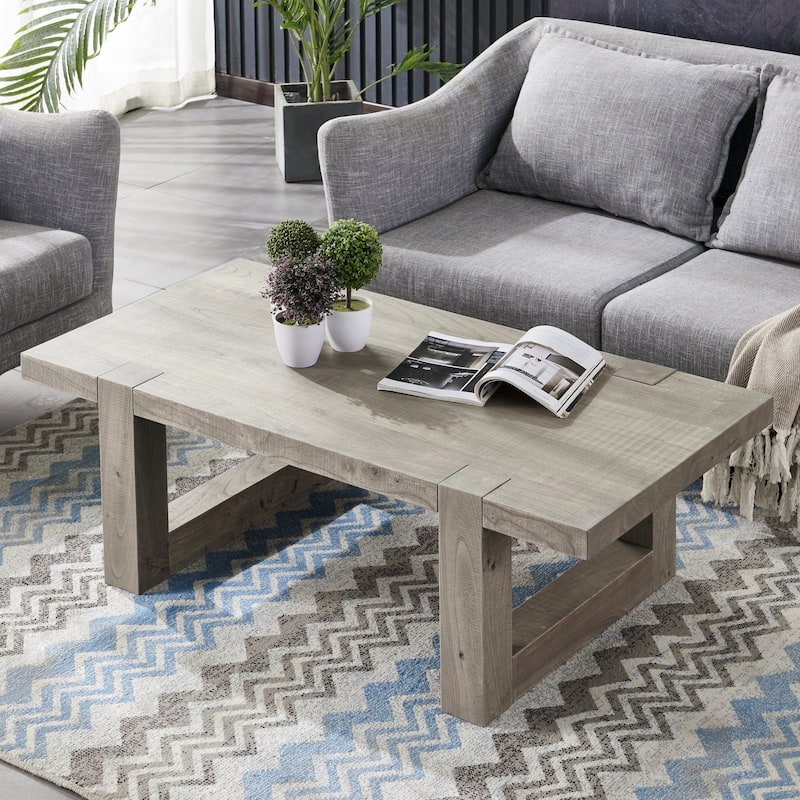 Rustic Gray Elm Wood Coffee Table with Sled Design Legs