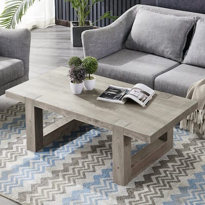 Rustic Gray Elm Wood Coffee Table with Sled Design Legs