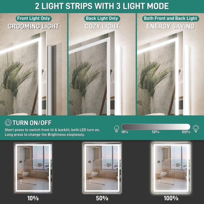Durx-litecrete Rectangular Frameless Wall Mount 3 Colors Dimmable Anti-fog LED Bathroom Vanity Mirror