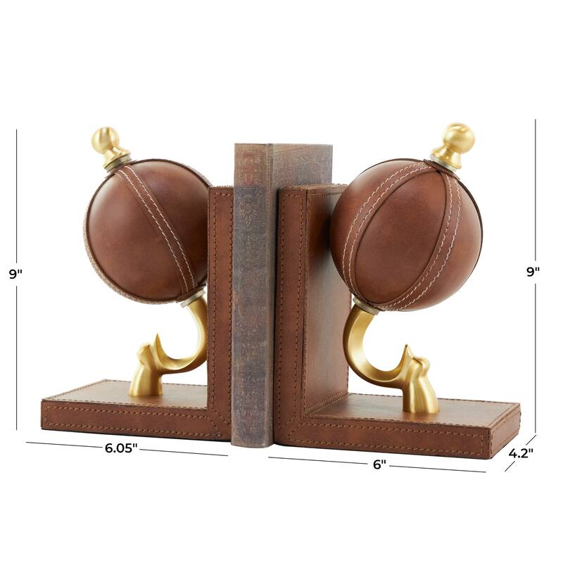 Brown Leather Handmade Stitched Globe Decorative Bookends with Brown Wood Base (Set of 2)