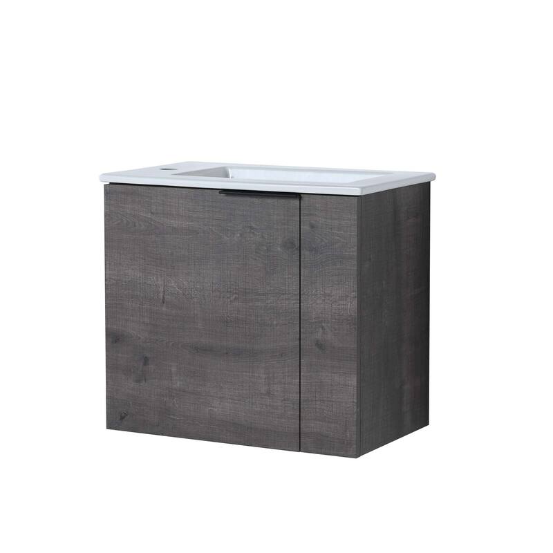 22 inch Plywood Wall-Mounted Bathroom Vanity in Grey Oak with Integrated Ceramic Sink in White with Soft Closing Door