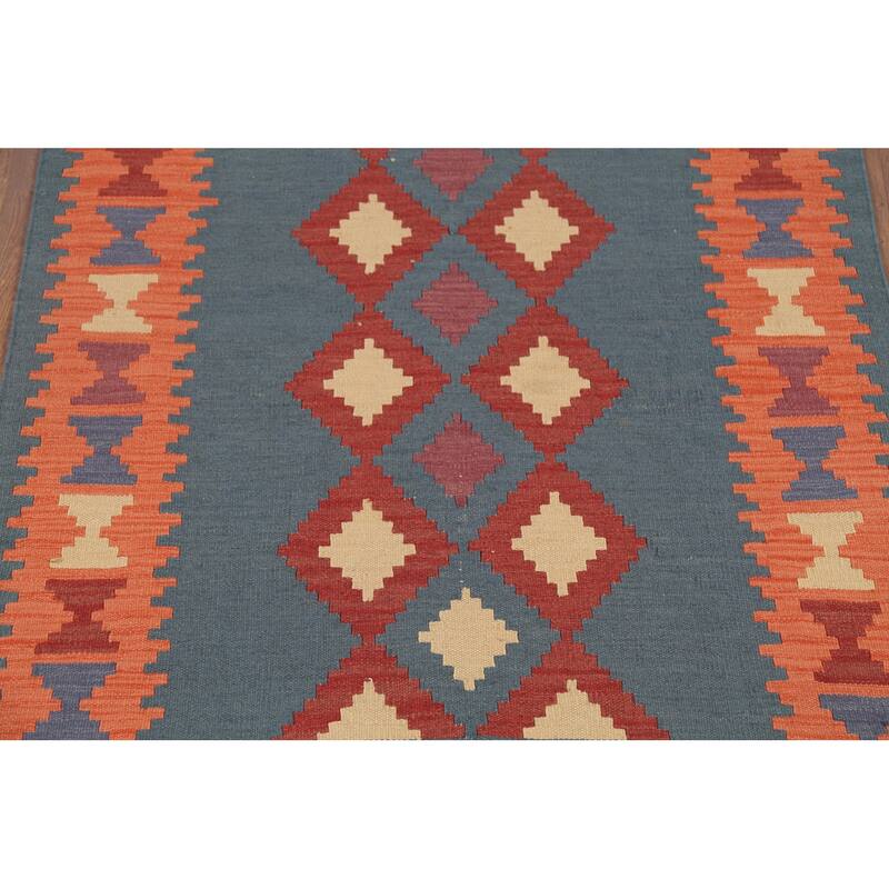 Geometric Blue Flat Weave Kilim Persian Rug Hand-Knotted Wool Carpet - 4'2"x 5'8"