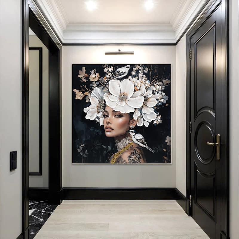 Floral Woman Canvas Wall Art Black And White Bird Tattoo Portrait Modern Aesthetic Artwork,Art Oil Painting