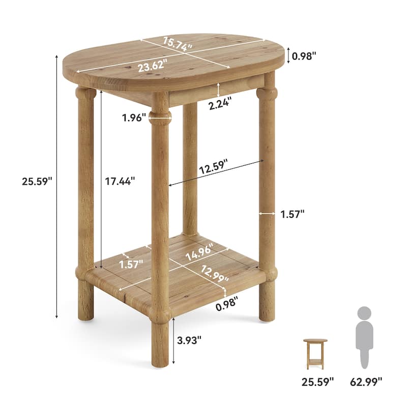 2-Tier Solid Wood End Table with Storage Shelves, Side Accent Table Nightstand for Living Room Bedroom