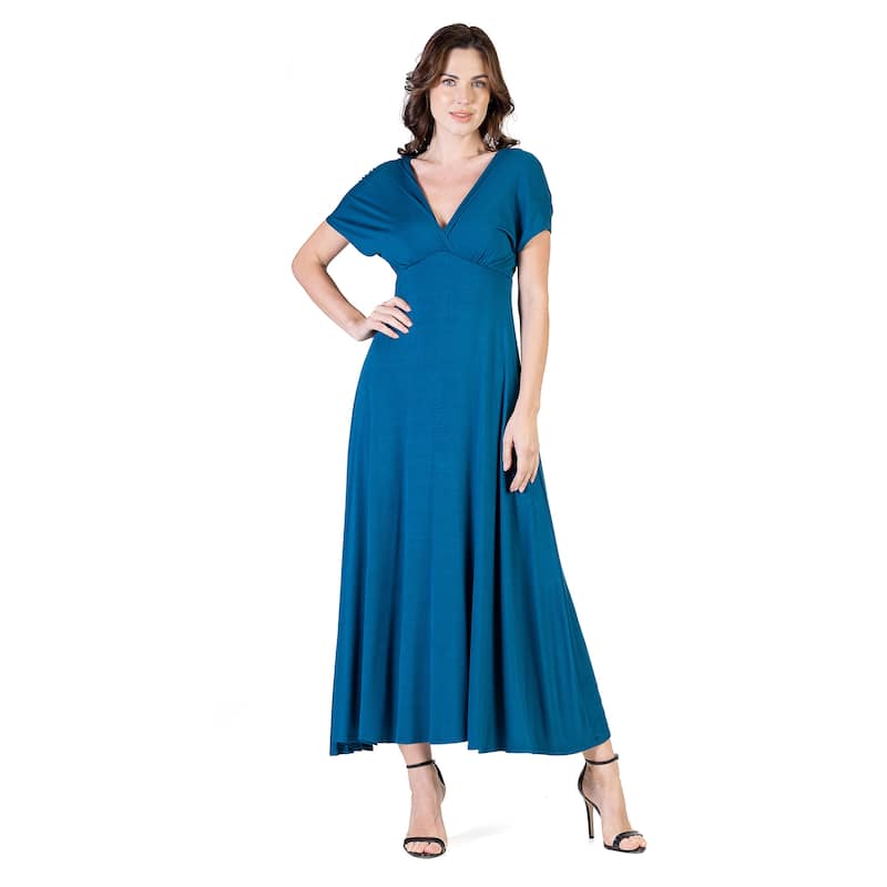 24seven Comfort Apparel Womens Cap Sleeve V Neck Maxi Dress - Blue - L