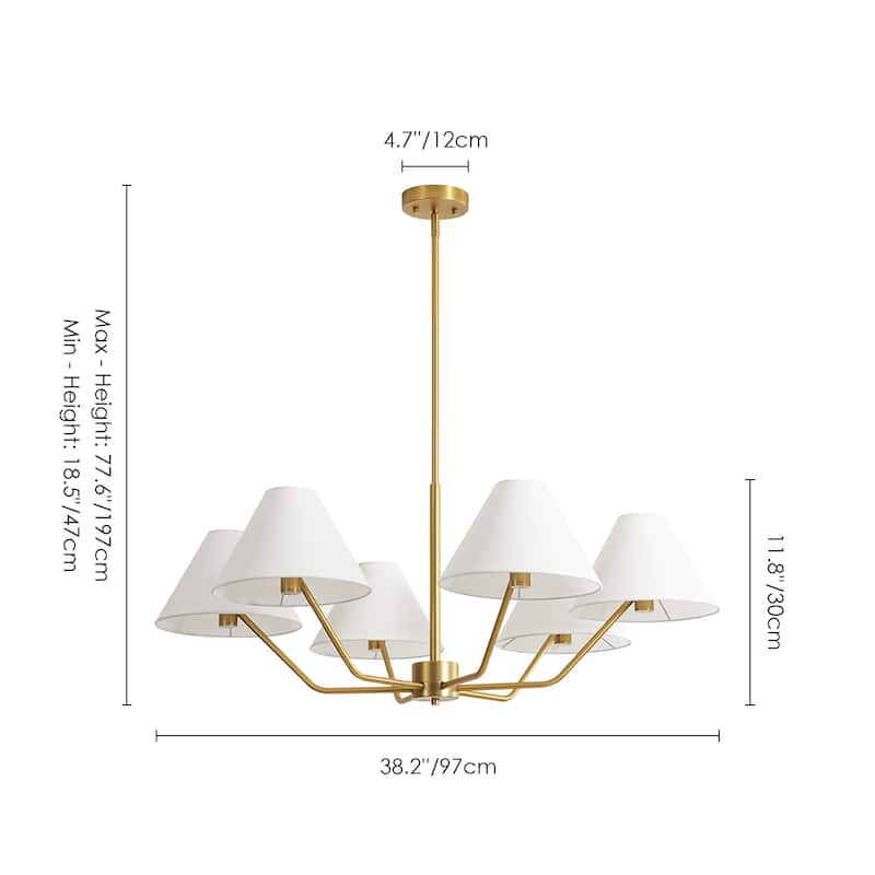 6-Light Mid-Century Modern Brass Chandelier with White Fabric Shades - Gold Finish Ceiling Light Fixture for Living Room
