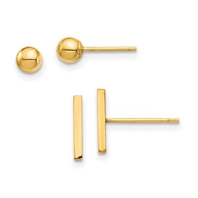 Curata 14k Bar and Ball Post Earrings Set - 9x1mm Wide