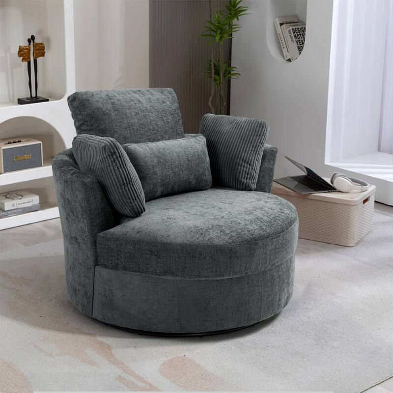 41" W Oversized Accent Barrel Swivel Chair with Moon Storage Ottoman - Single Chair - Gray Chenille/Corduroy Pillows