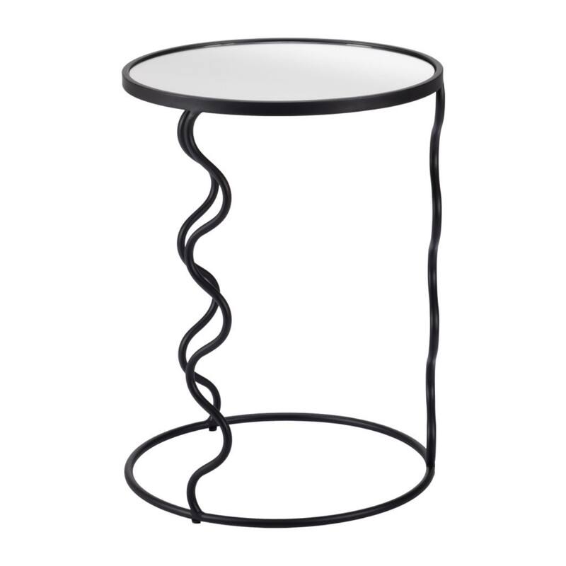 24-Inch Round Modern End Table Black Mirrored Glass Top with Abstract Painted Steel Base - 24”H x 18”L x 18”W