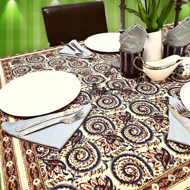 Earthy Spiral Floral Block Print Cotton Tablecloth Collection