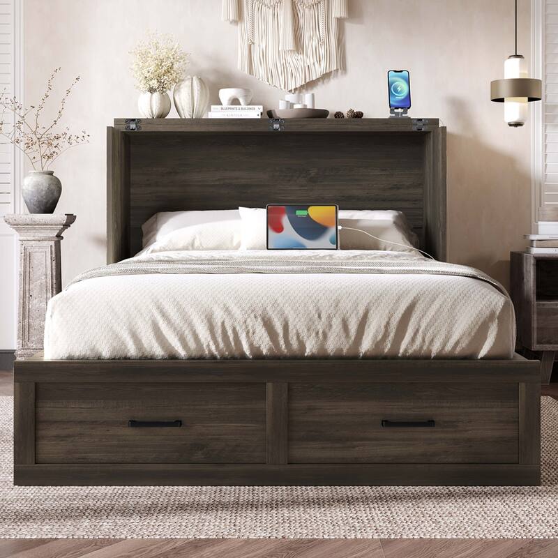 Murphy Bed Cabinet with Charging Station, Large Storage Drawer - Grey - Full