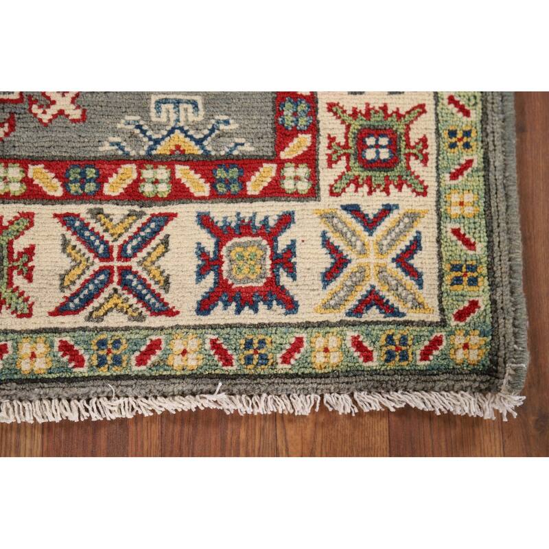 Geometric Kazak Foyer Rug Handmade Grey Wool Handmade Wool Carpet - 2'8" x 4'2"
