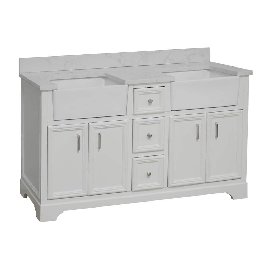 KitchenBathCollection Zelda 60" Double Farmhouse Bathroom Vanity with Engineered Carrara Top