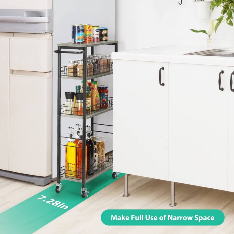 Slim Storage Cart 4 Tier Slim Rolling Cart on Wheels Mobile Narrow Kitchen Cart with Wooden Tabletop
